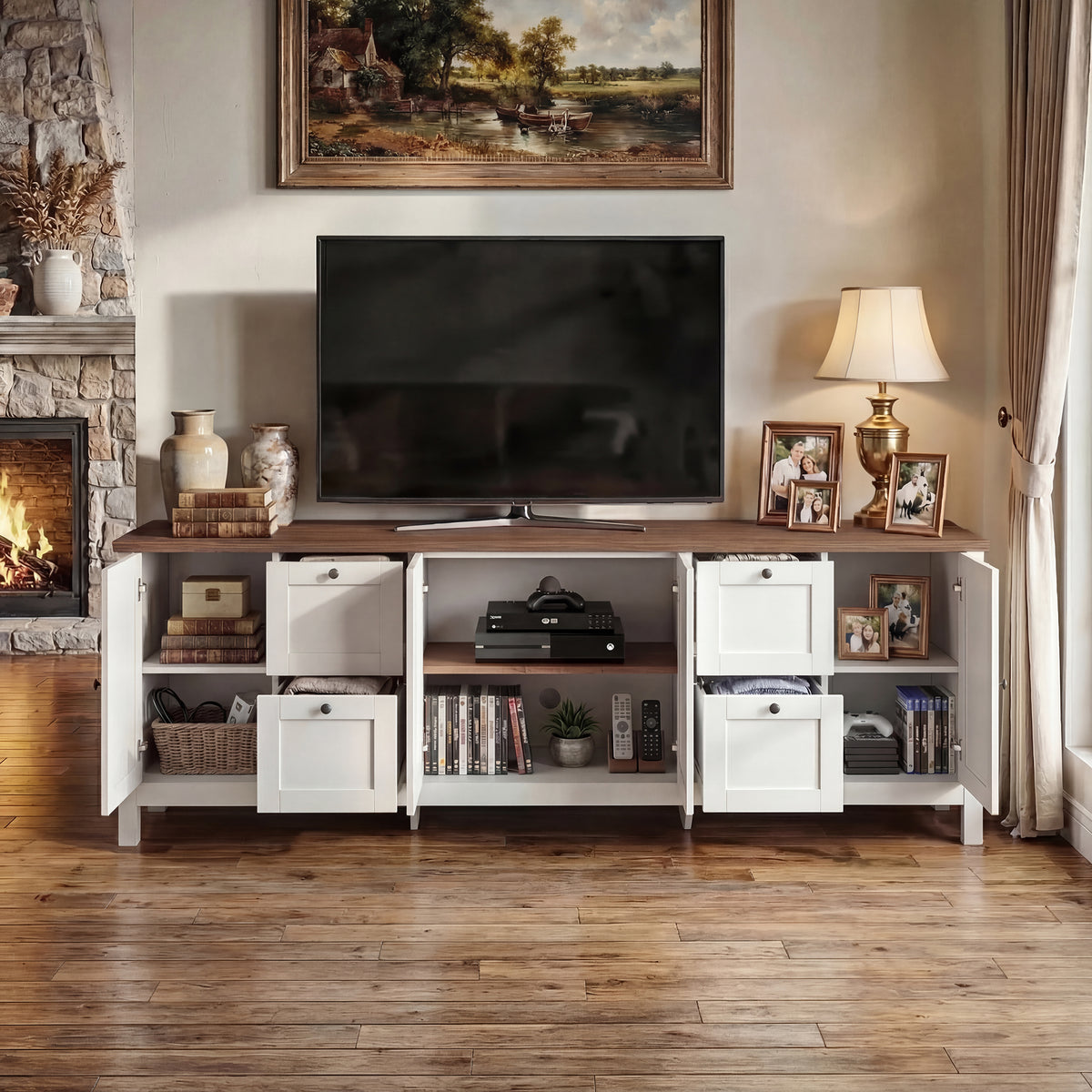 White TV stand with wood top, glass cabinet doors, drawers, and adjustable storage shelves