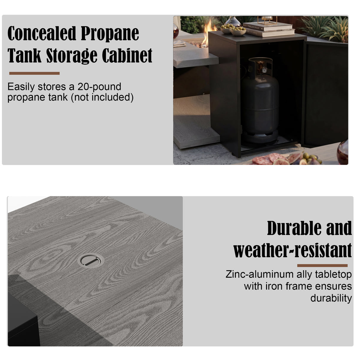Concealed propane tank storage cabinet with outdoor setting and table details.
