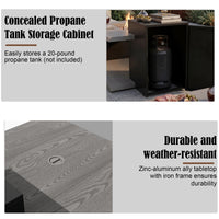 Concealed propane tank storage cabinet with outdoor setting and table details.