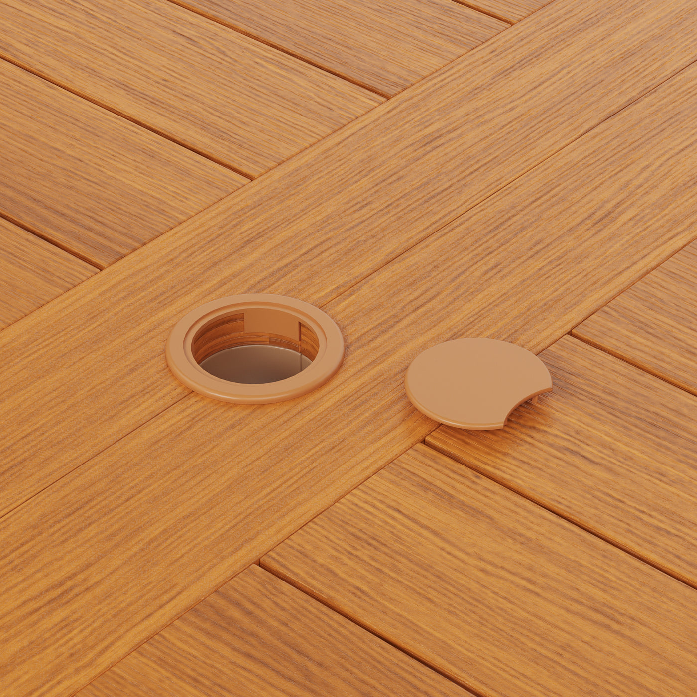 Wooden surface with a circular hole cover and cap