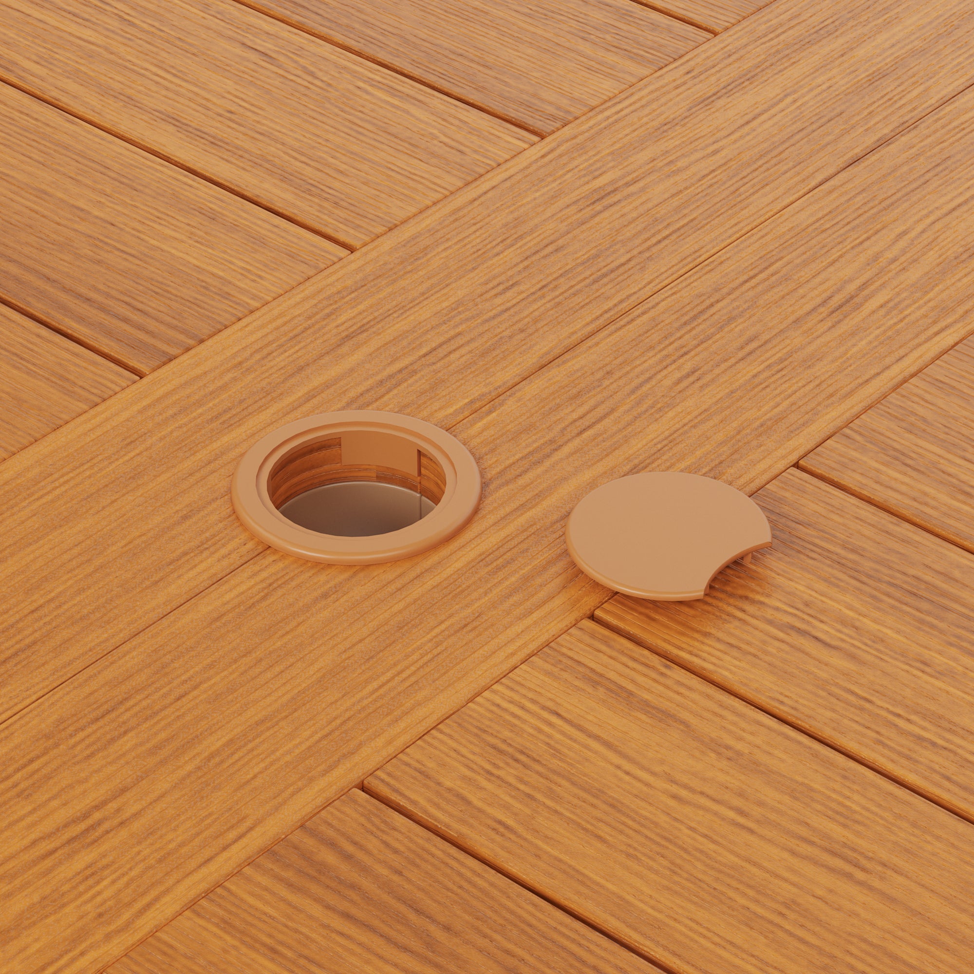 Wooden surface with a circular hole cover and cap
