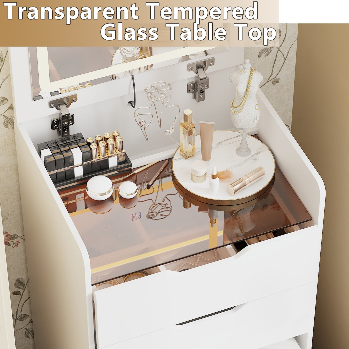 18.9" Modern White Vanity Desk With Light Flip Top Mirror And Comfortable Bench