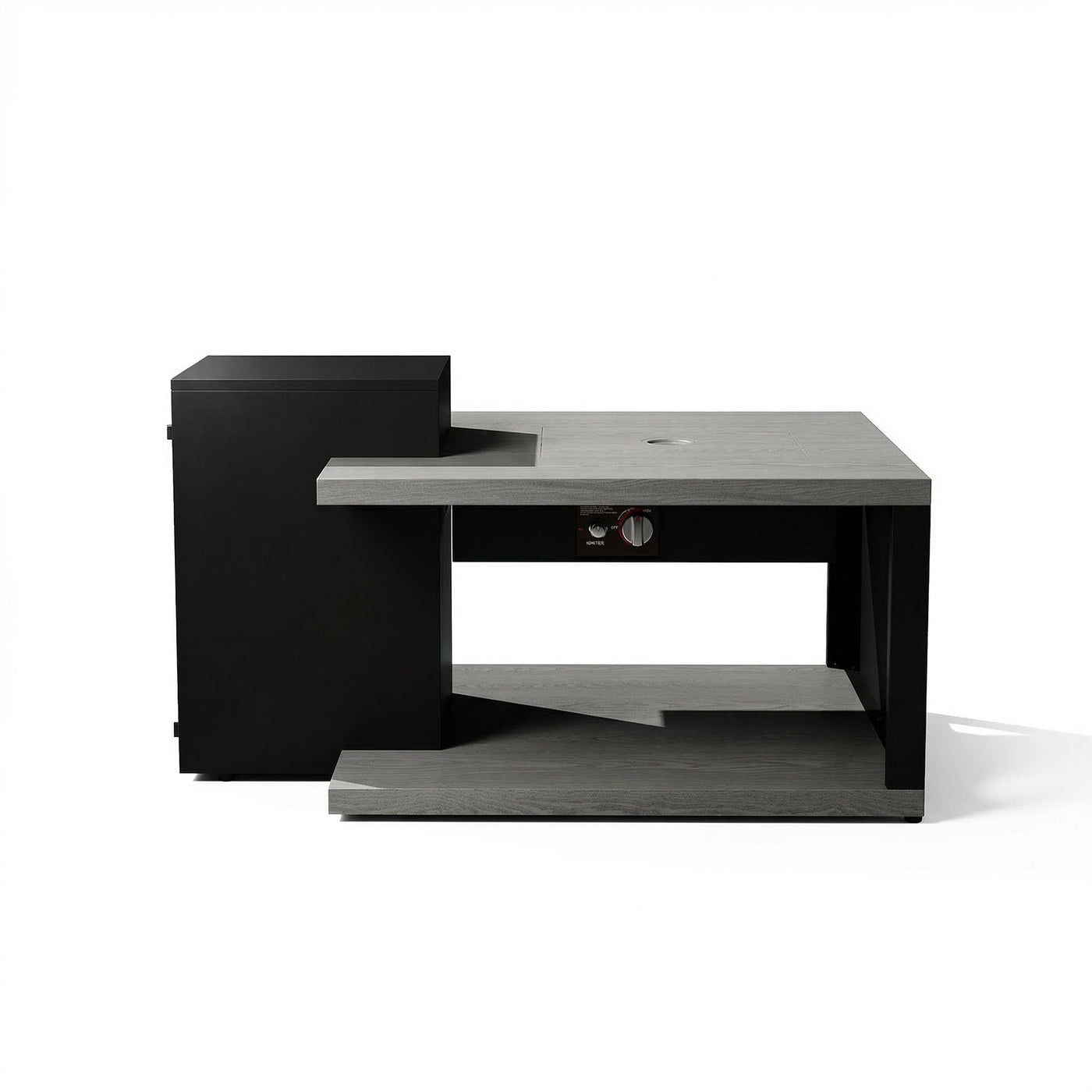 Modern office desk with black and gray finish on a white background