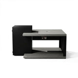Modern office desk with black and gray finish on a white background
