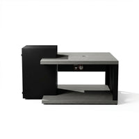 Modern office desk with black and gray finish on a white background