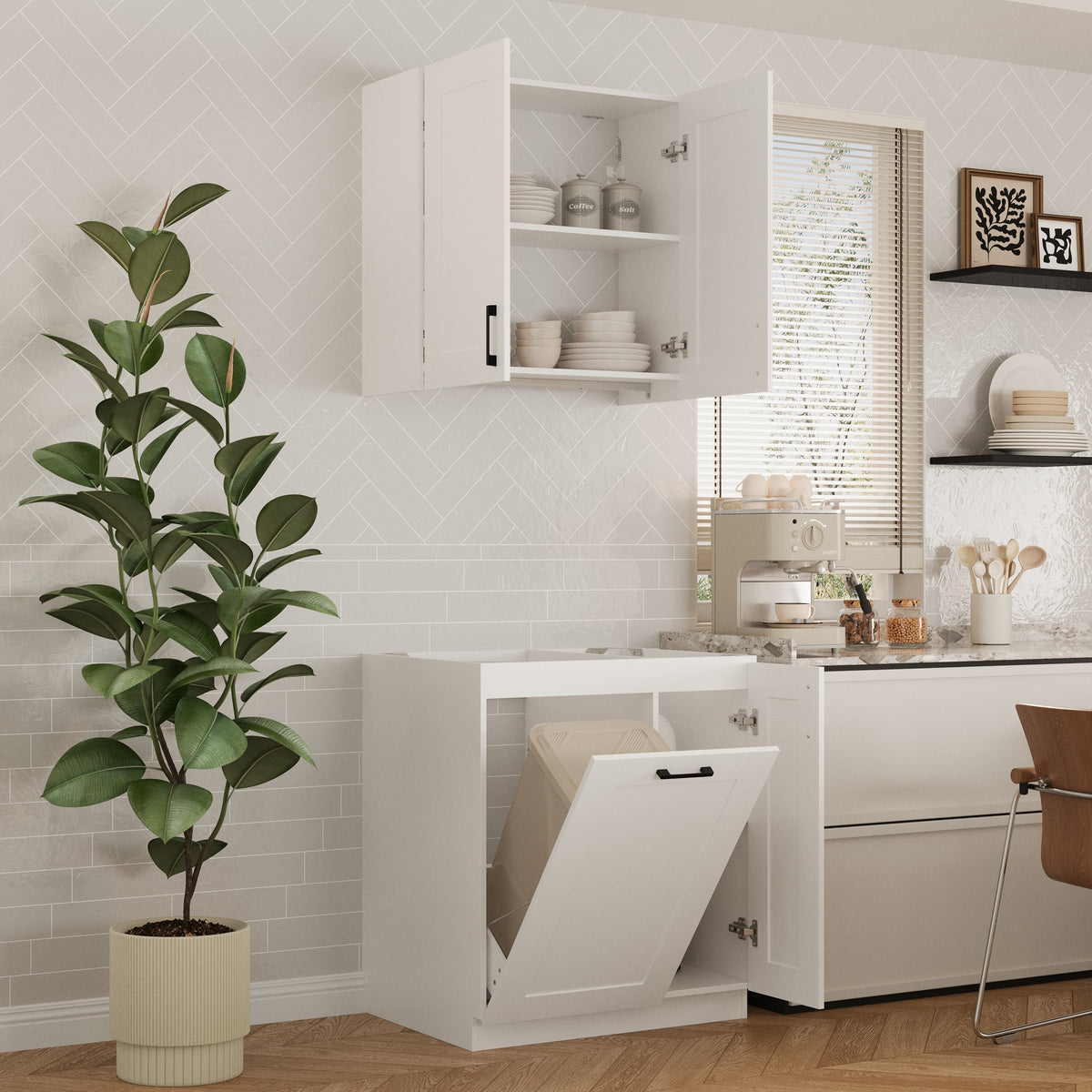 30" Modern White Food Pantry with Wall-Mounted Cabinet