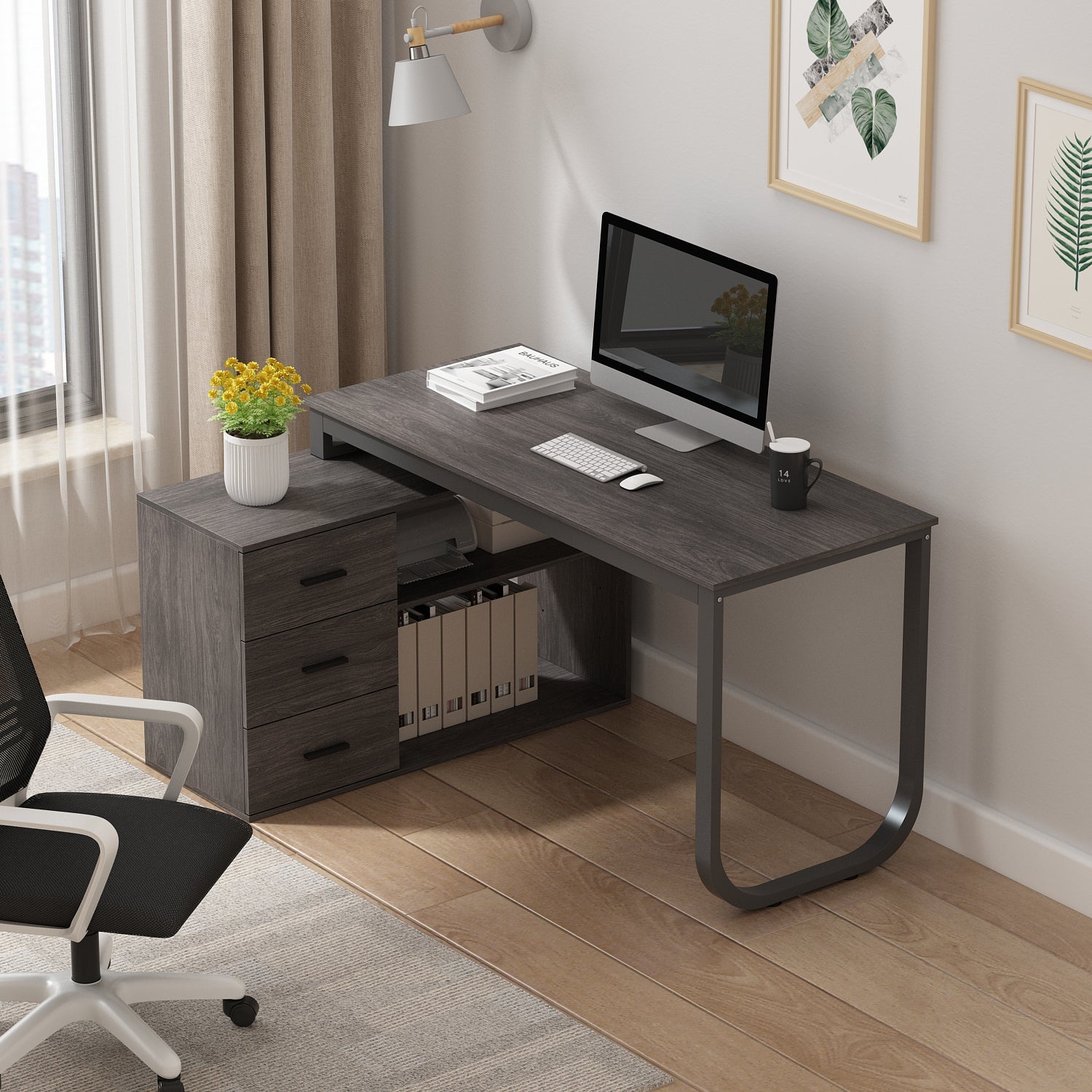 Home Office Computer Desk Corner Desk with 3 Drawers and 2 Shelves, 55 Inch Large L-Shaped Study Writing Table with Storage Cabinet