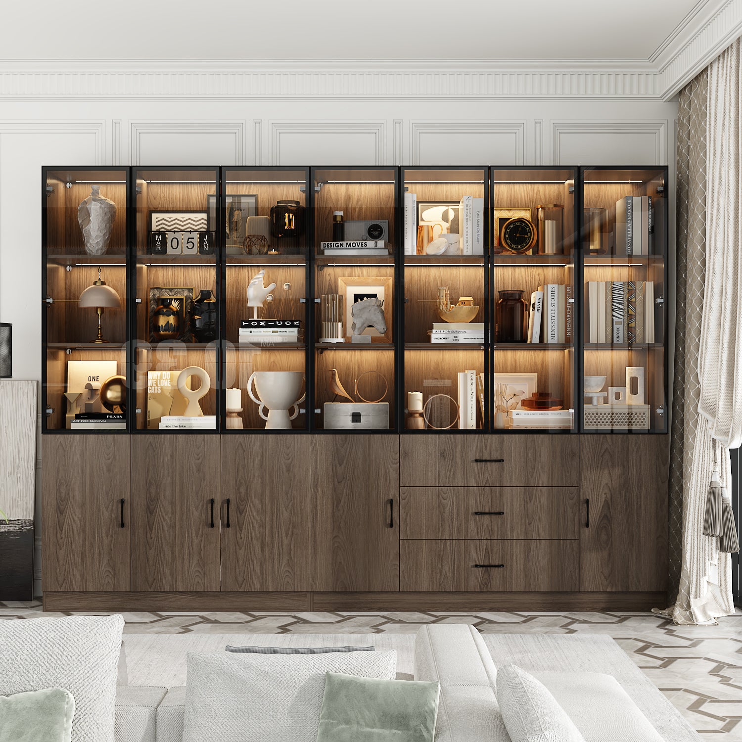 110.2'' W Glass Doors Display Case Curio Cabinet With Drawers ,Shelves,LED Lights