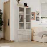 31.5" Modern Minimalist Natural Glass Display Cabinet With Gold Handles And Storage Drawers
