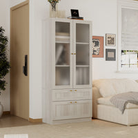 31.5" Modern Minimalist Natural Glass Display Cabinet With Gold Handles And Storage Drawers