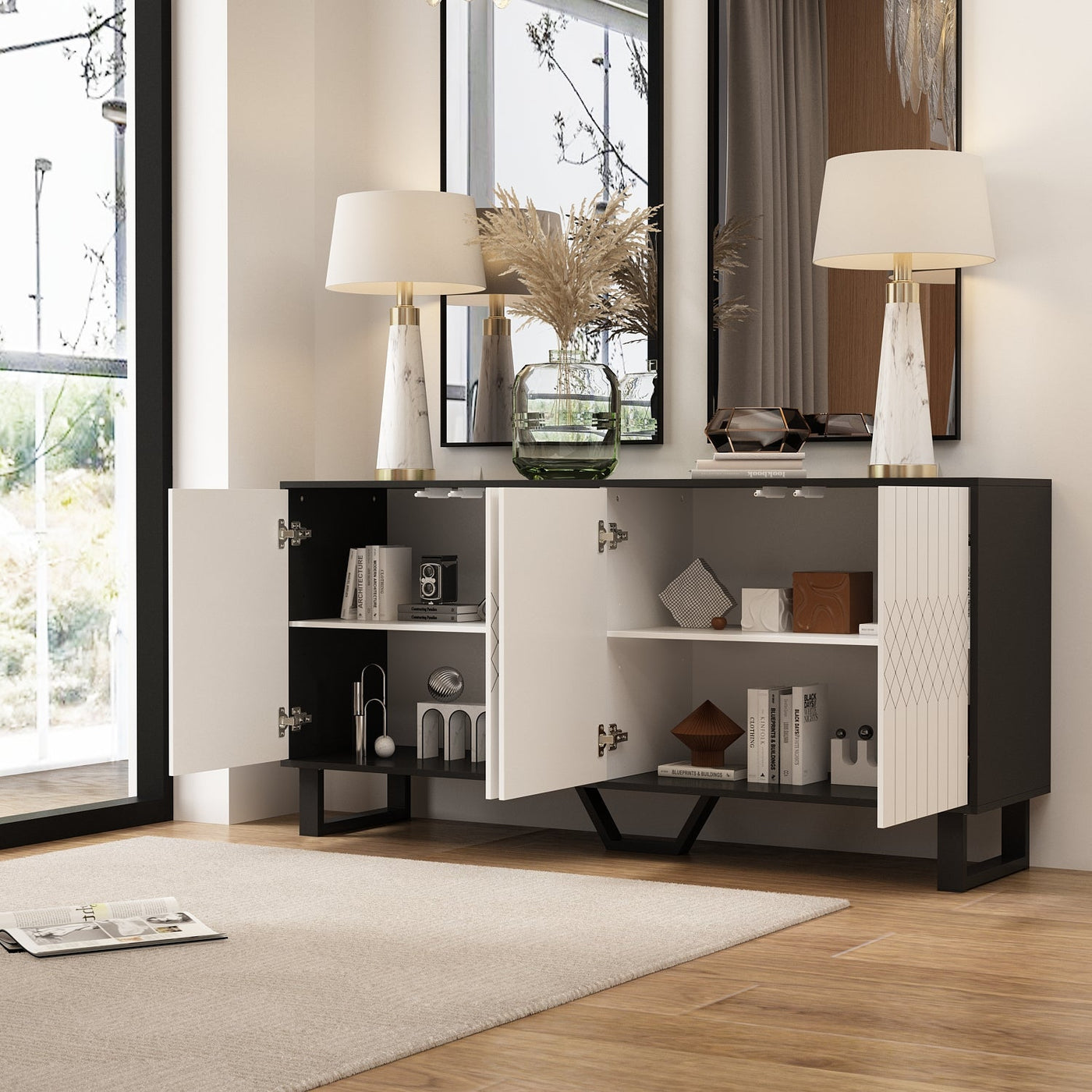 63" Modern Minimalist White 4-Door Storage Cabinet for Living Room and Entryway