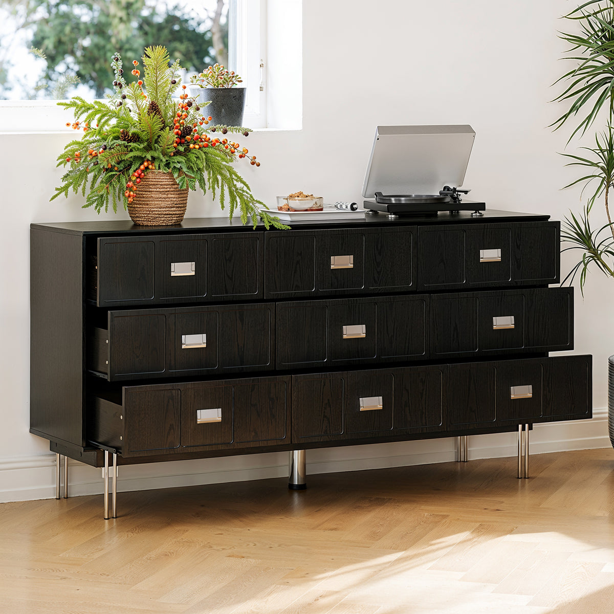 63" Modern Black Dresser with 9 Drawers, Metal Legs and Square Handles