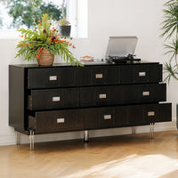 63" Modern Black Dresser with 9 Drawers, Metal Legs and Square Handles