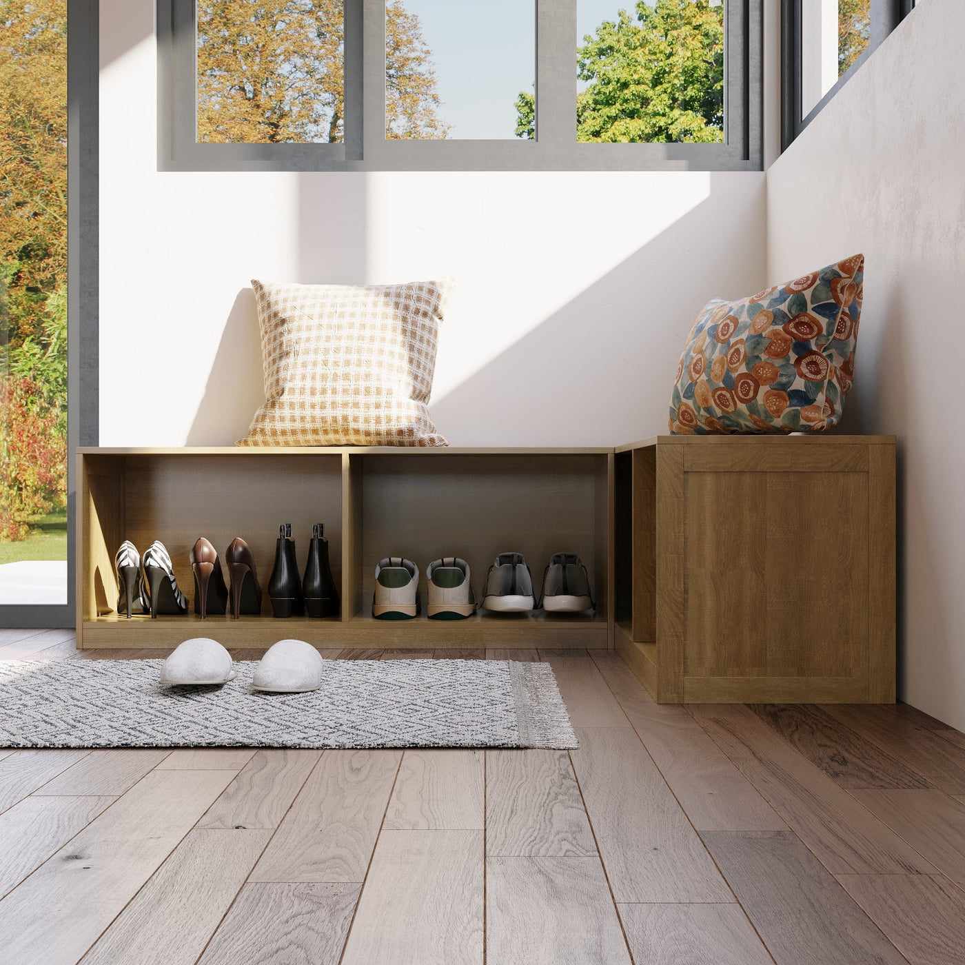 63" Modern Oak Corner Wooden Bench with Storage Compartments