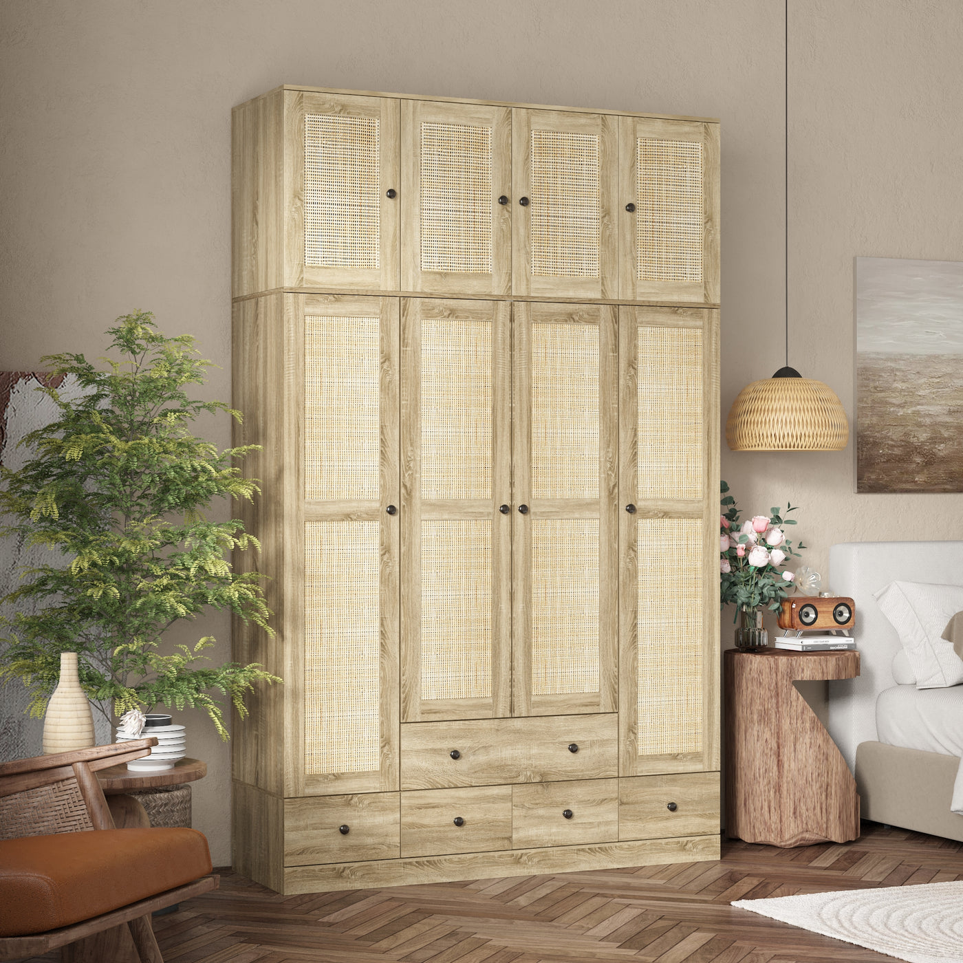 63" Rustic 4-Door Wardrobe Armoire with Rattan Paneling, 6 Drawers & 2 Hanging Rods