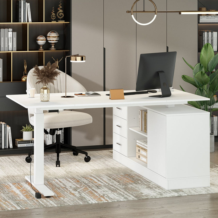 63" Modern Minimalist White Standing Desk with 3 Drawers and 2 Shelves