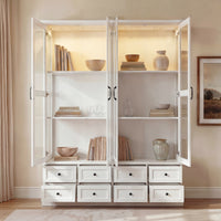 63" Smart White Display Cabinet with Bluetooth LED Lights, 8 Drawers and Glass Doors