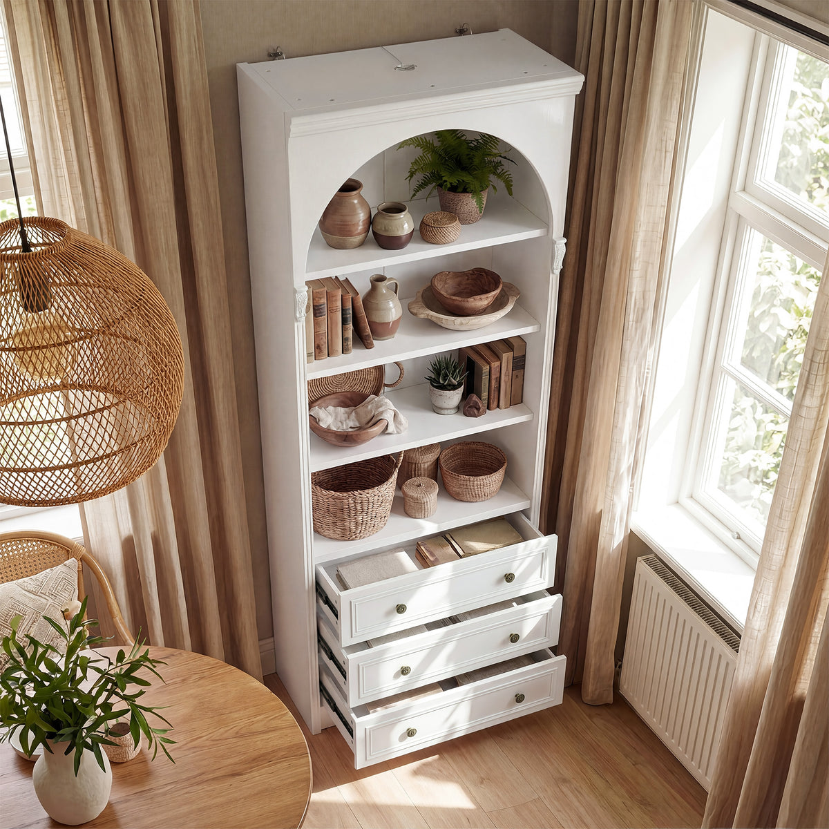 White display cabinet with open shelves, 3 drawers, and labeled dimensions diagram