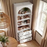 White display cabinet with open shelves, 3 drawers, and labeled dimensions diagram