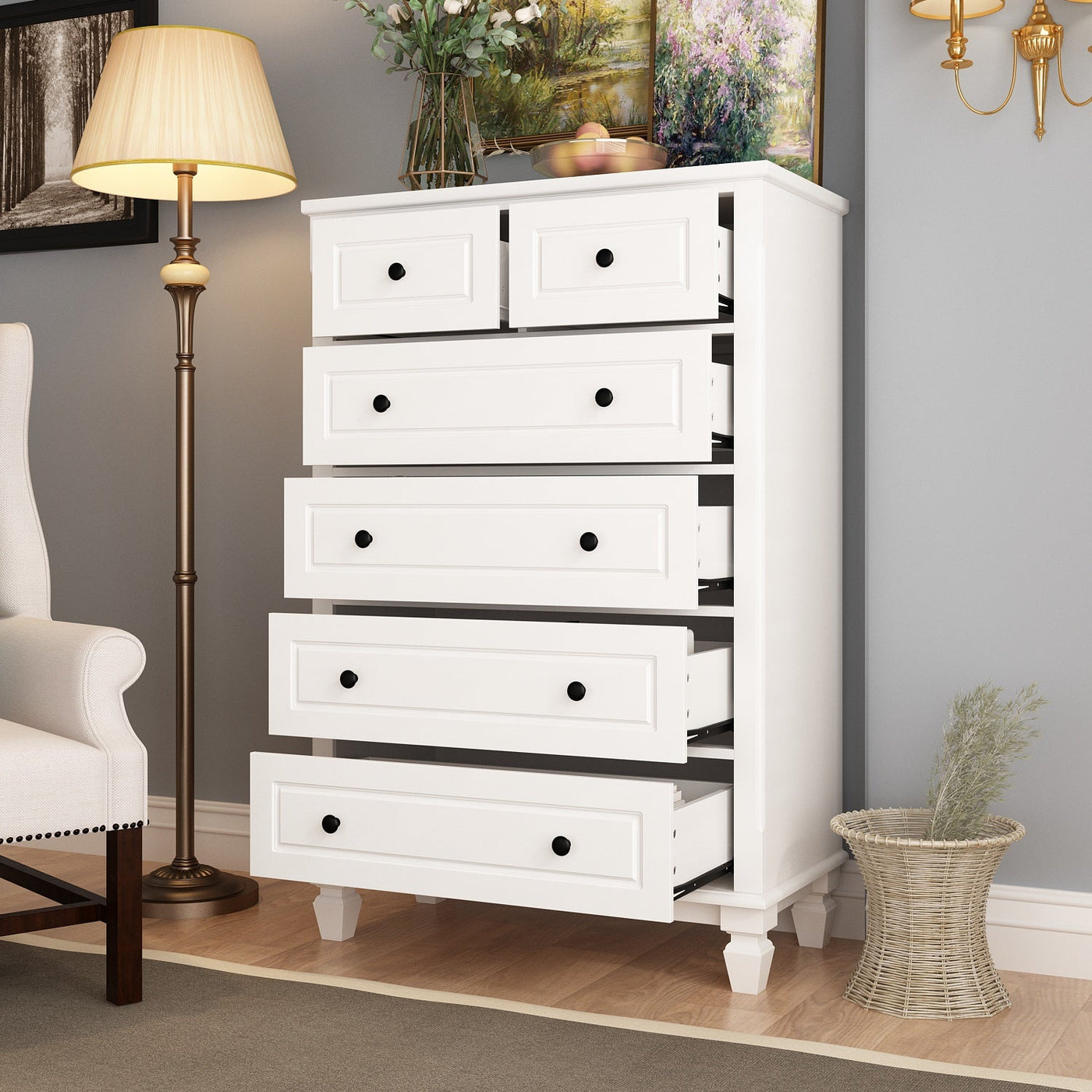 31.5" Modern Minimalist White Wooden 6-Drawer Tall Dresser Chest for Home Storage