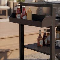 Black outdoor kitchen island cart with side shelf, storage cabinet, sink, and wheels