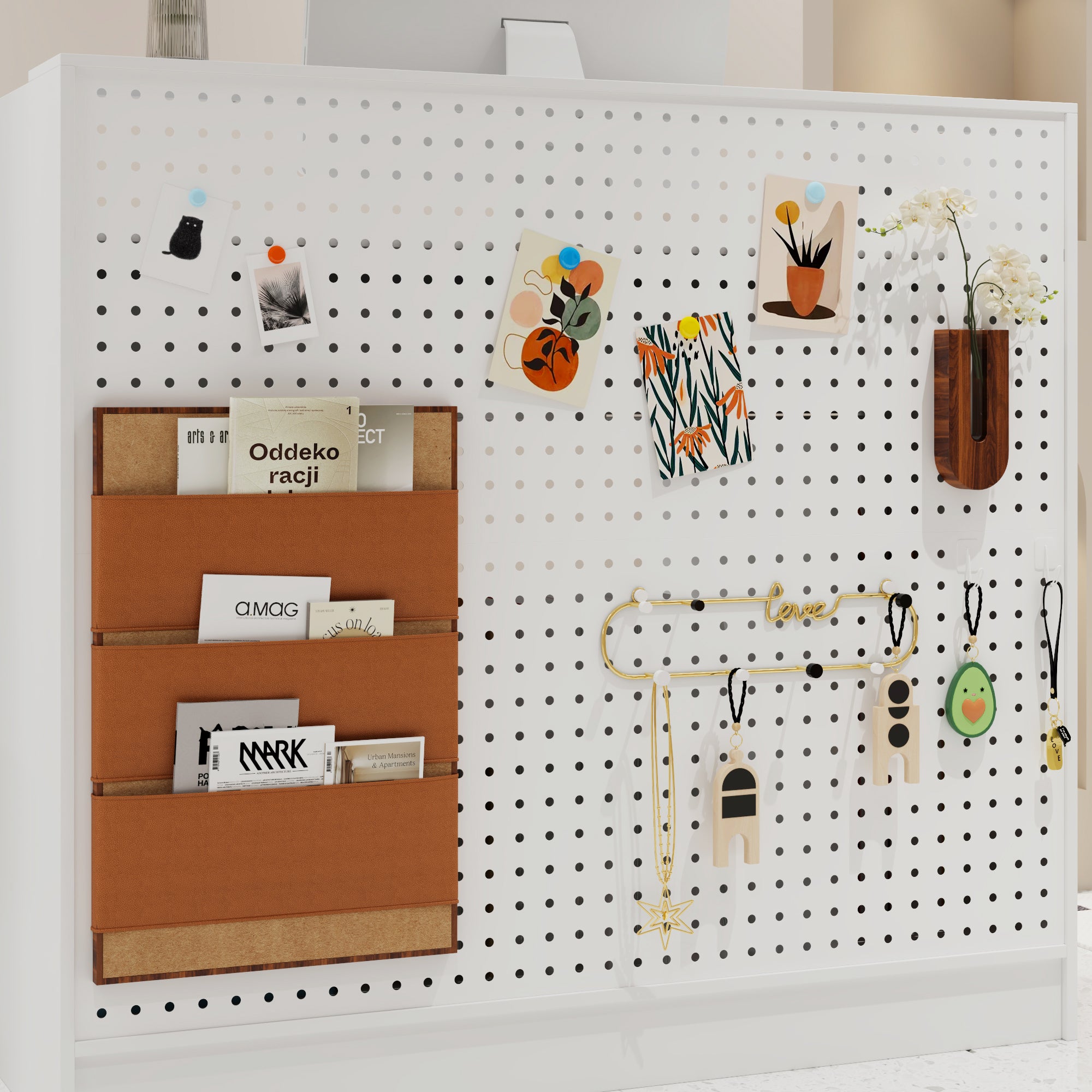 47.2 inches White Reception Desk with Metal Pegboard, Locking Drawers and Large Storage