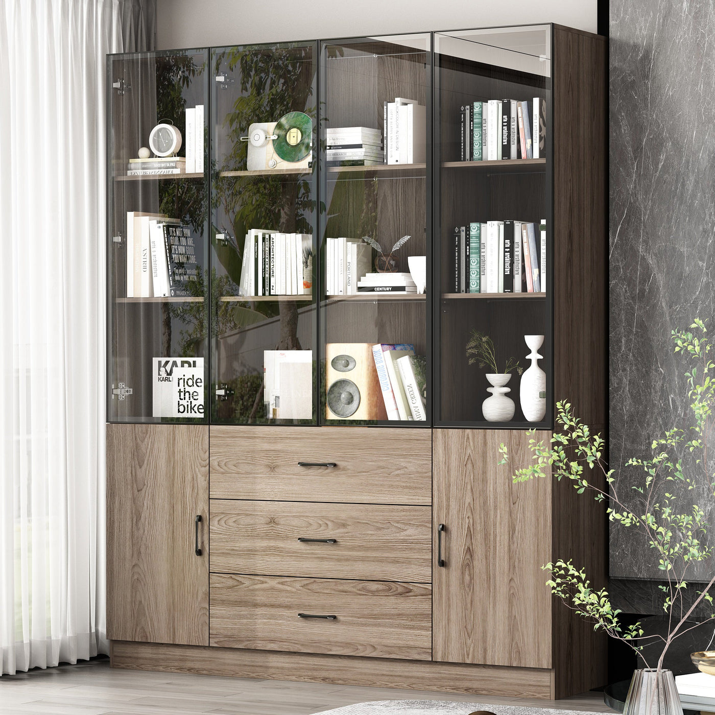 Geyma 63" Modern Brown Display Cabinet with Tempered Glass Doors and Adjustable Lighting
