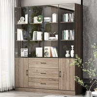 Geyma 63" Modern Brown Display Cabinet with Tempered Glass Doors and Adjustable Lighting