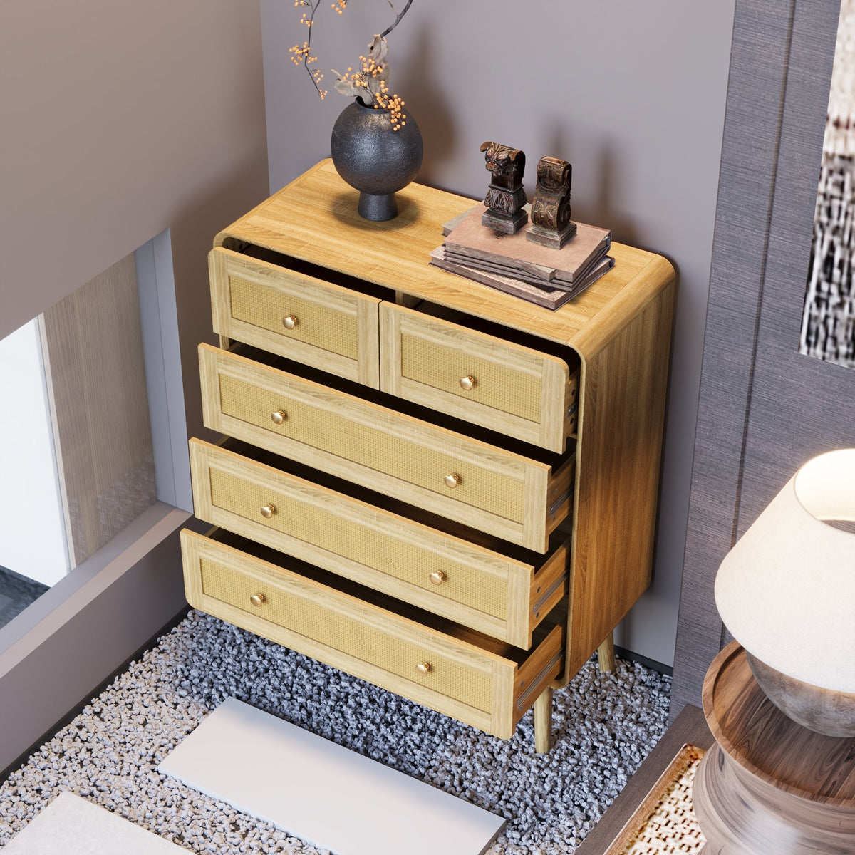 31.5" Modern Natural Vertical 5 Rattan Chest of Drawer