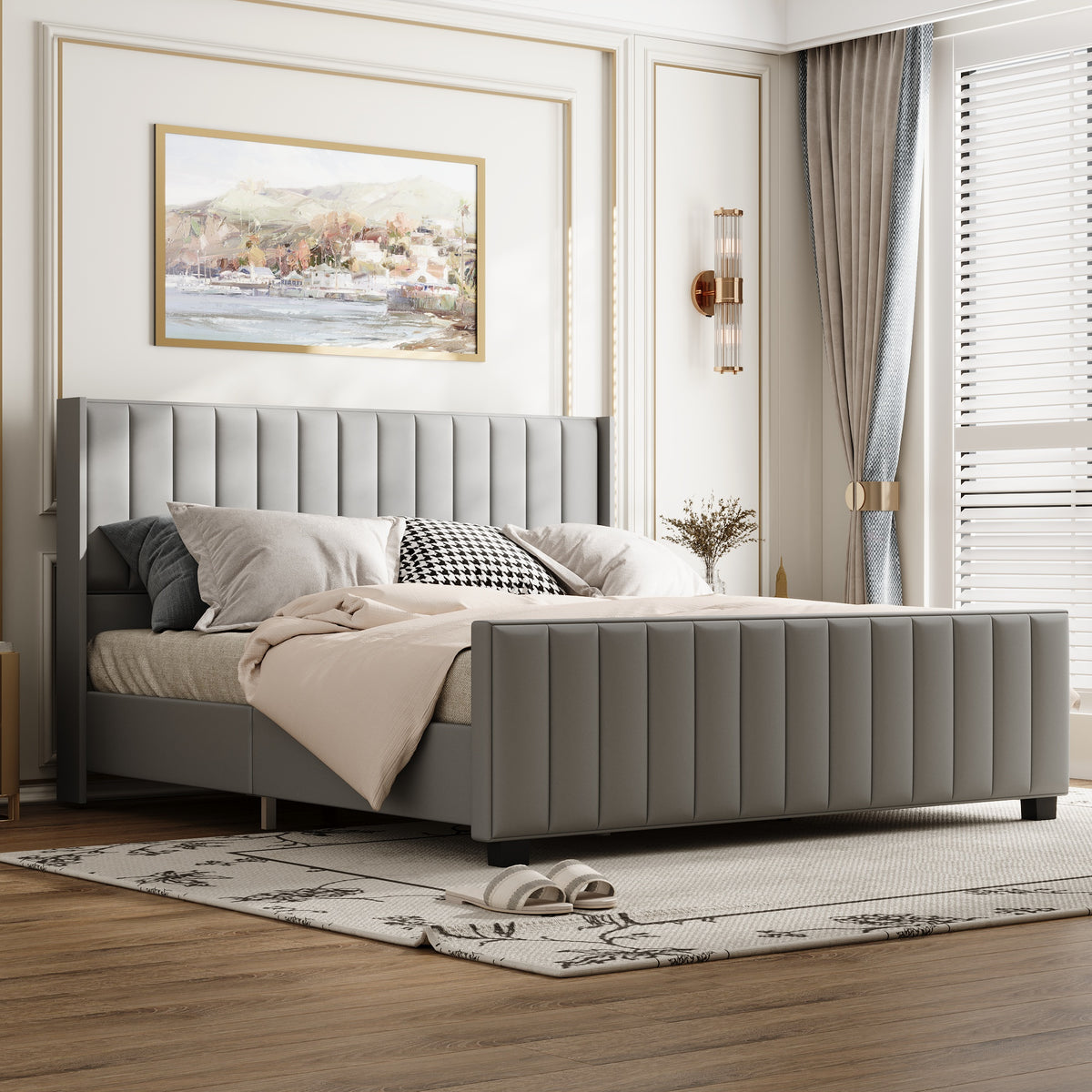 King Size Modern Gray Bed with Padded Headboard