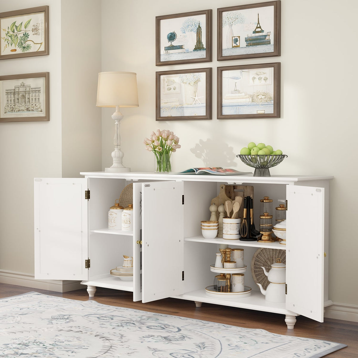 Wood Storage Cabinet Modern Sideboard Stand with 4 Mirrored Glass Doors