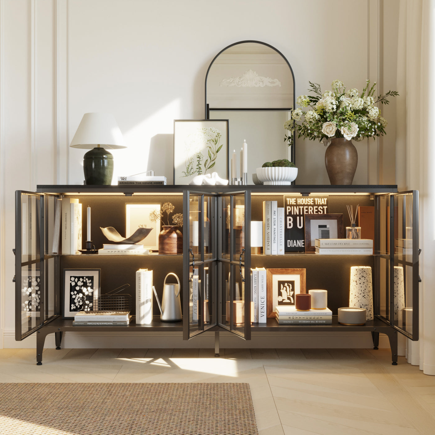 63" Modern Brown Sideboard Buffet Cabinet with 4 Doors and Gold Accents