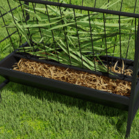 Bird cage with green plants and straw bedding on a grassy background