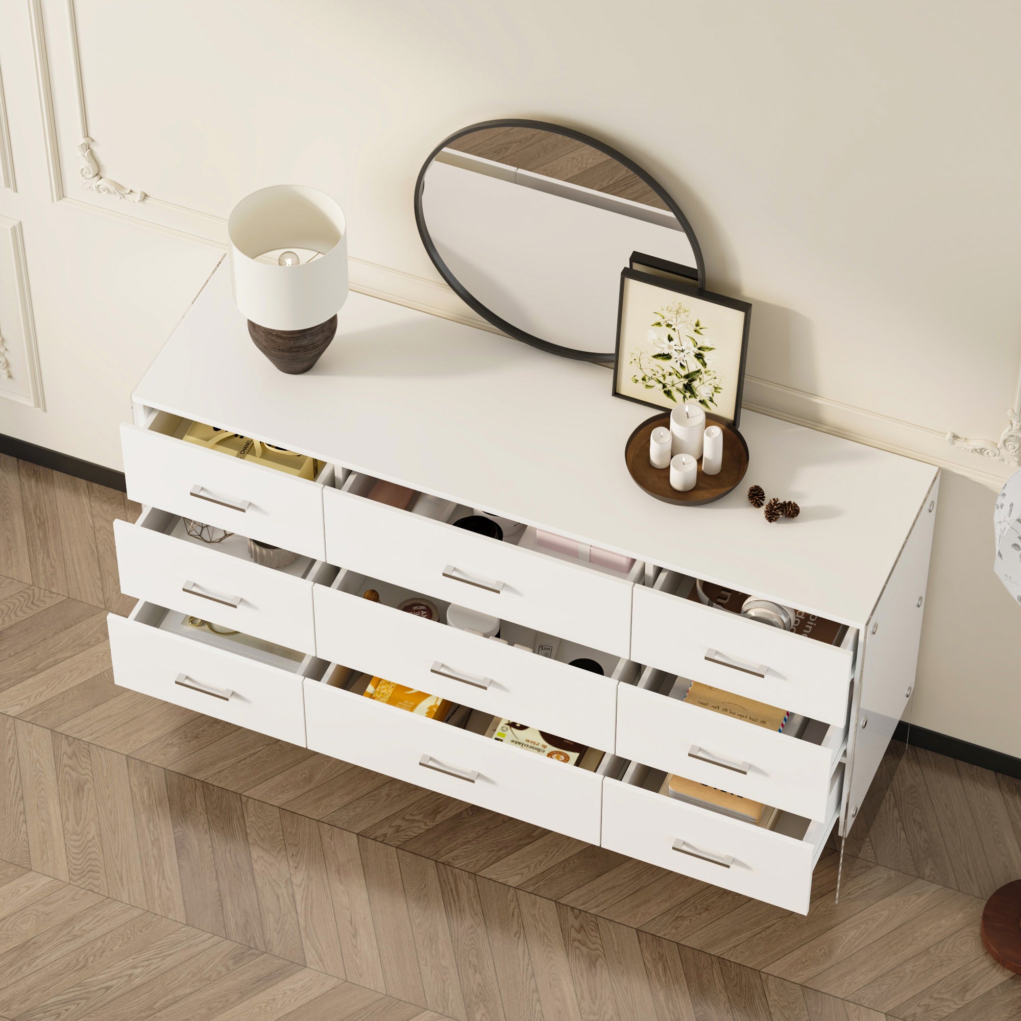 55.1" Wide 9-Drawer Dresser With Glass Legs