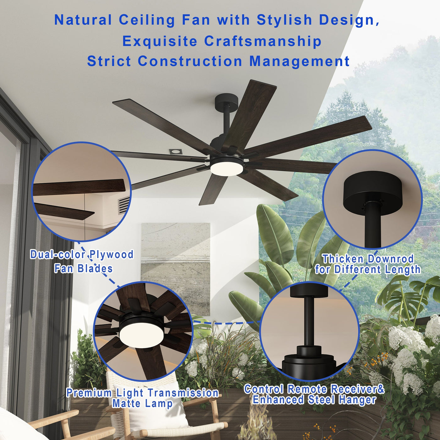 31" Modern Dark Brown Ceiling Fan with Dual-Tone Blades and 3-Color LED Light