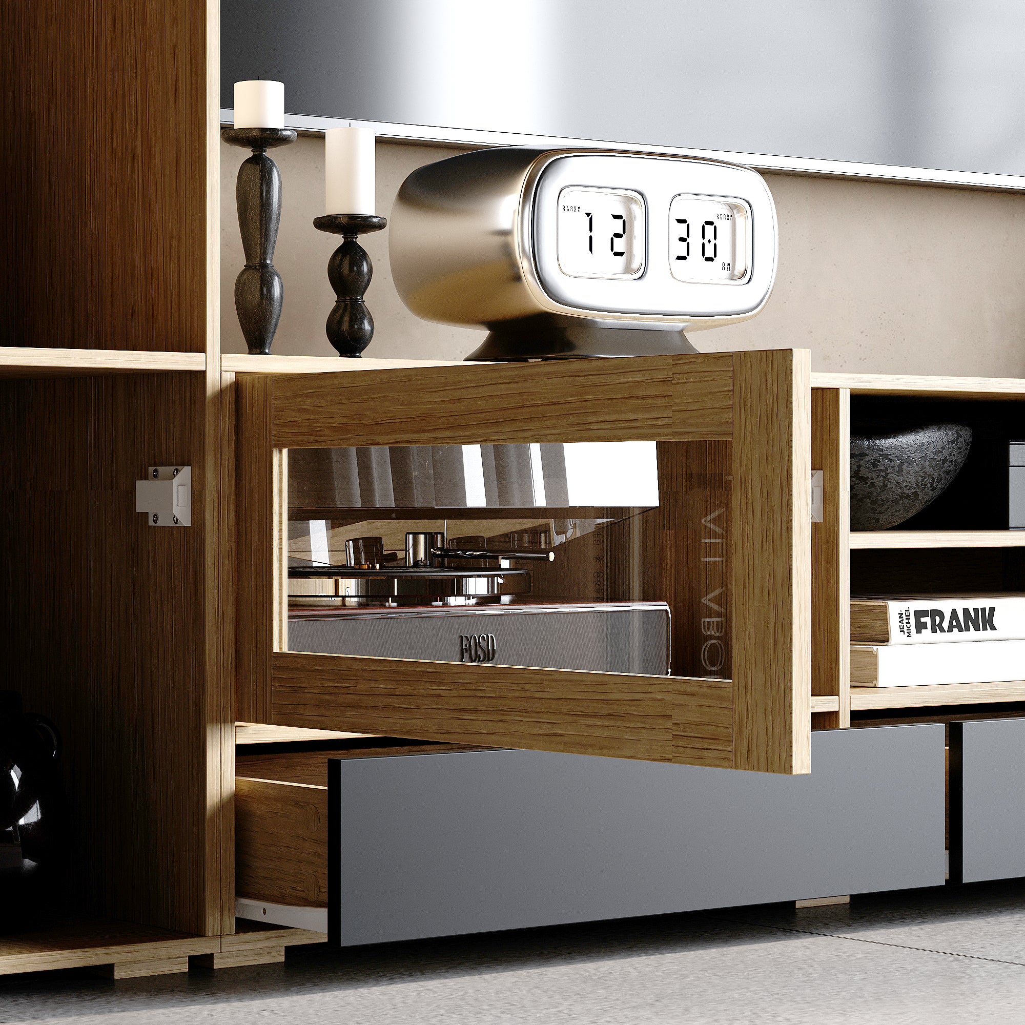 Modern 3-Piece Entertainment Center With Overhead Cabinets And 69" TV Stand, Natural Wood And Black Finish