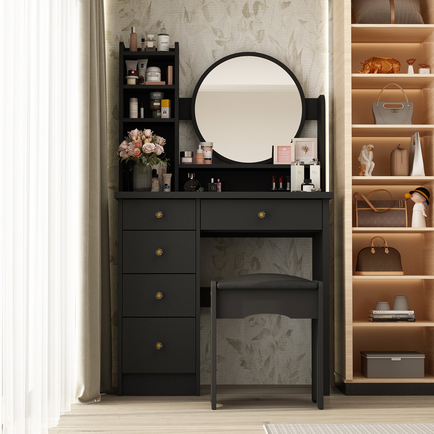 Makeup Vanity Set with Cushioned Stool, 5 Drawers & Display Shelves