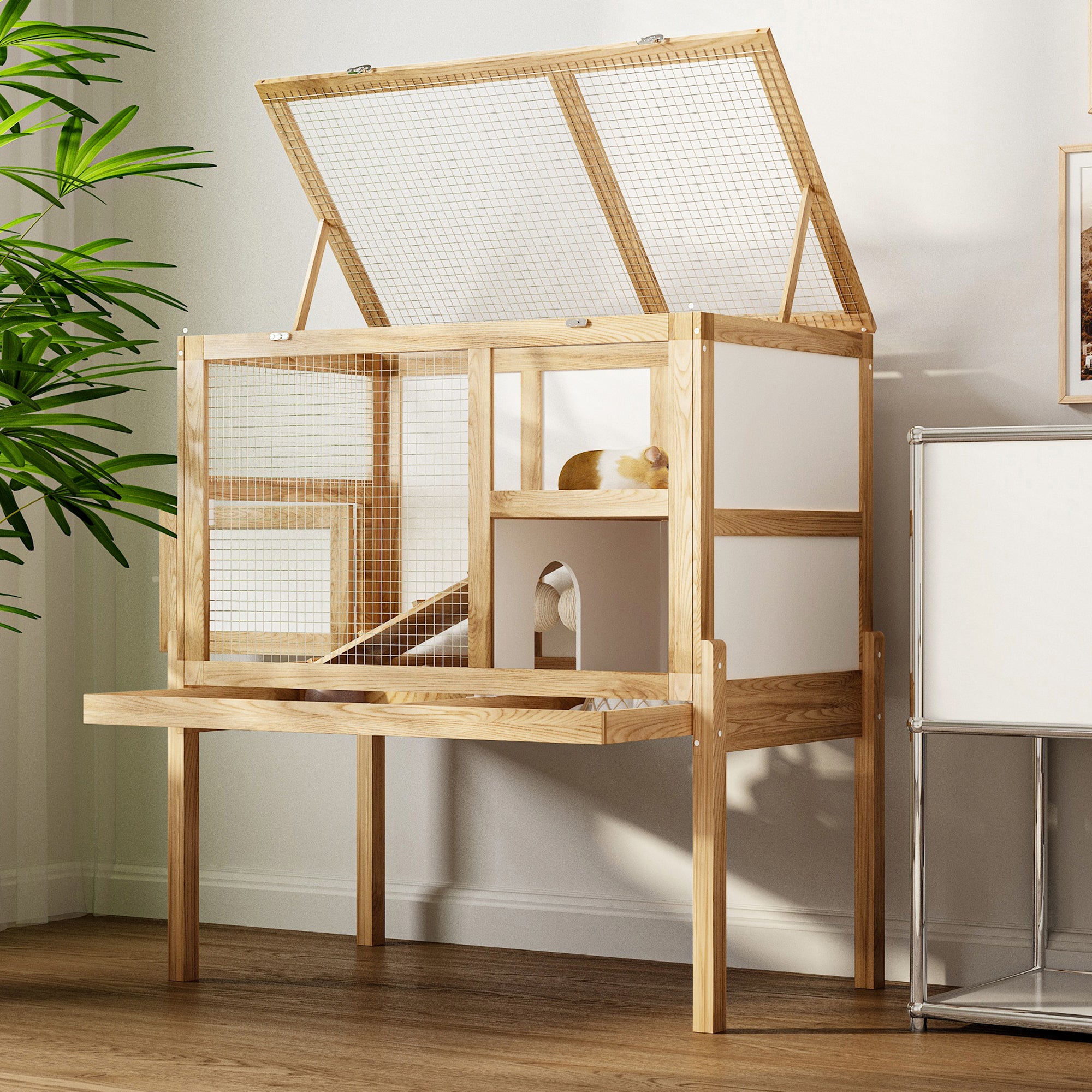 Elevated Small Animal Cage with 2 Level Play Area and Slide Out Cleaning Tray