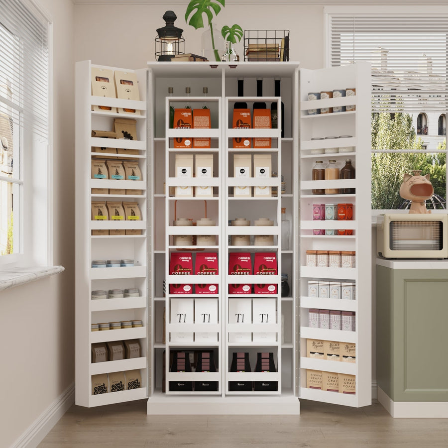 31.5" Modern White Kitchen Pantry with Rotating Food Storage Shelves, Adjustable Shelves, and Door-mounted Racks