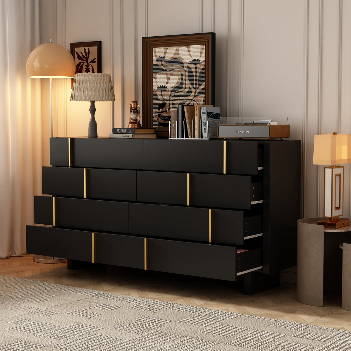 70.9" Modern Black Dresser With 8 Drawers And Gold Accents