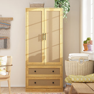 Wooden Wardrobe Armoire with 2 Doors 2 Drawers Bedroom Closet with Hanging Rod Storage Drawers