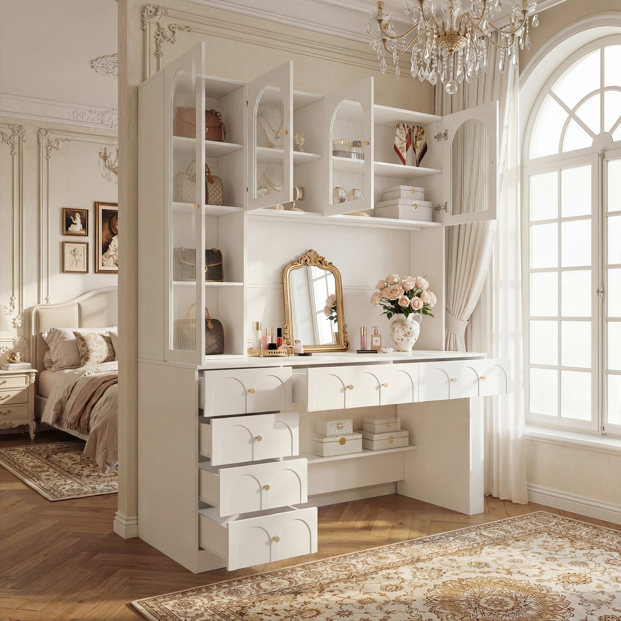 63 inches Modern White Versatile Vanity Desk with Massive Storage and Arched Glass Doors