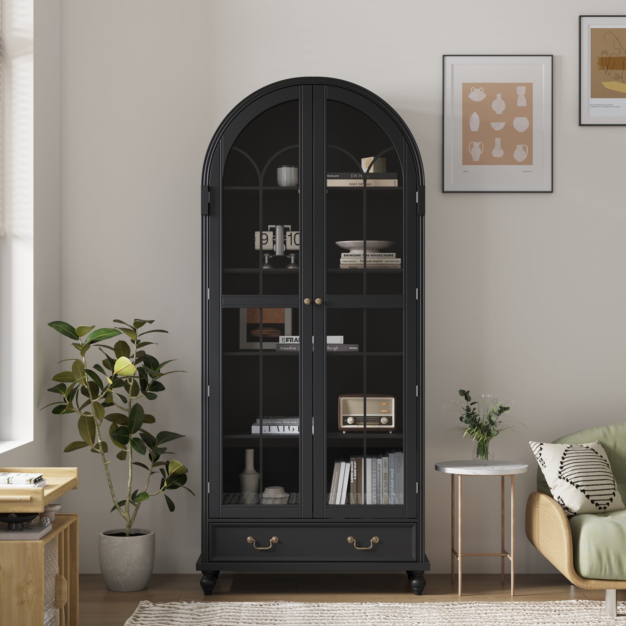 77'' H 2-Drawer Arched 5-Tier Bookcase Display Cabinet With Glass Doors