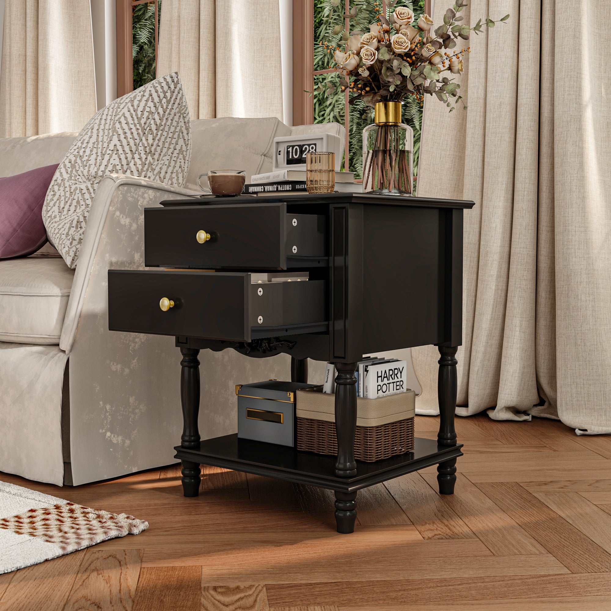 End Table Side Table Bedroom Night Stand Bedside Embossed Table with 2 Drawers & Open Shelf