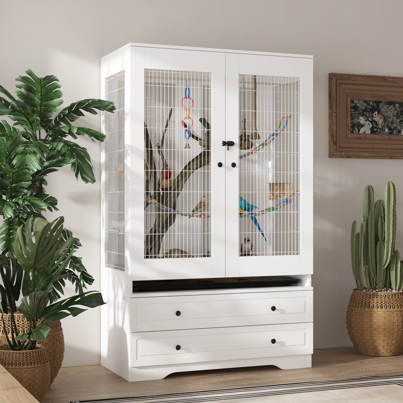 38.5" Modern White Large Floor Bird Cage with Removable Tray and Storage Drawers