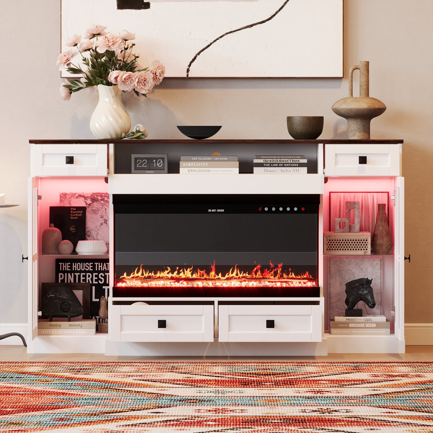 55" Modern White Electronic Fireplace With White TV Stand and Adjustable Light