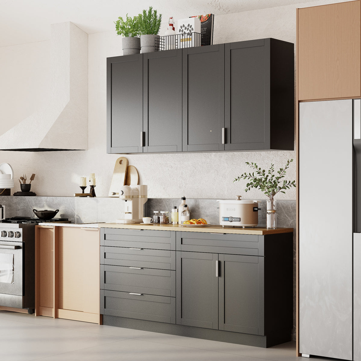 63" Modern Matte Black Kitchen Cabinet Set with 5 Drawers and 6 Doors