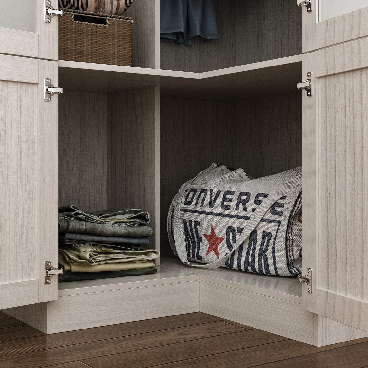 Multipurpose Darlah Corner Armoire with Solid & Manufactured Wood Construction