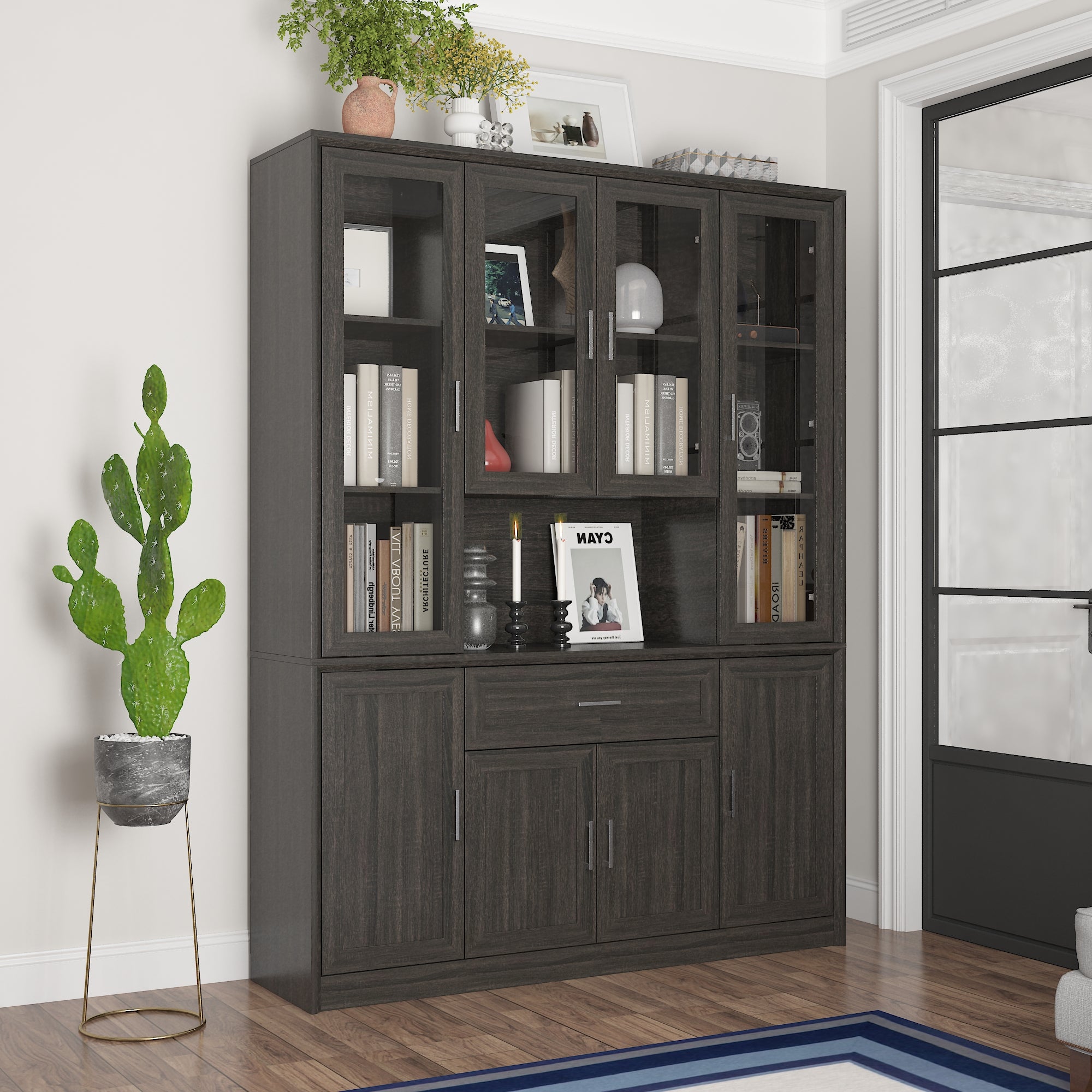 80'' H X 60.6'' W 6-Tier Bookcase With Glass Doors & Drawer