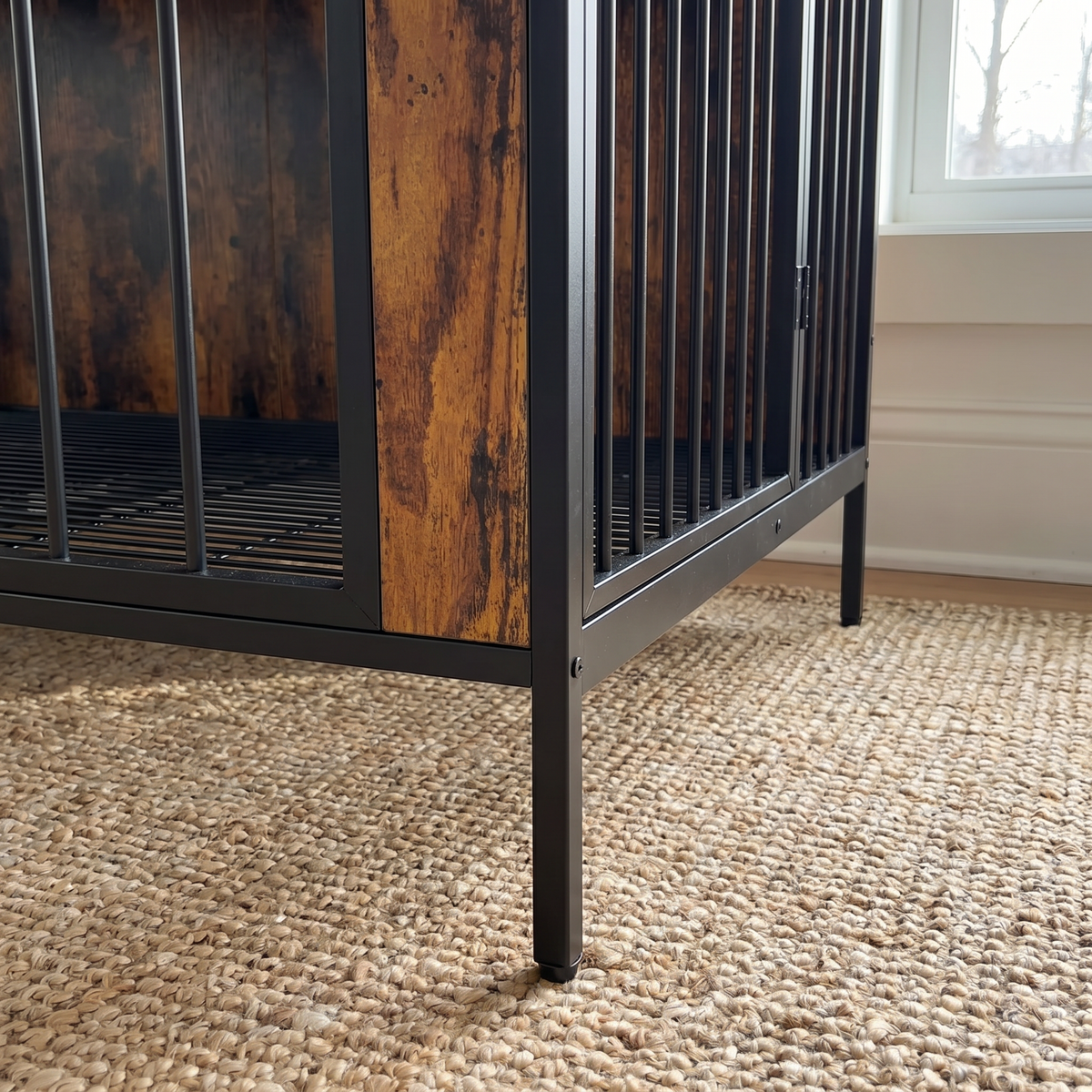 78.7" Rustic Wood Double Dog Crate End Table with Divider & Raised Legs